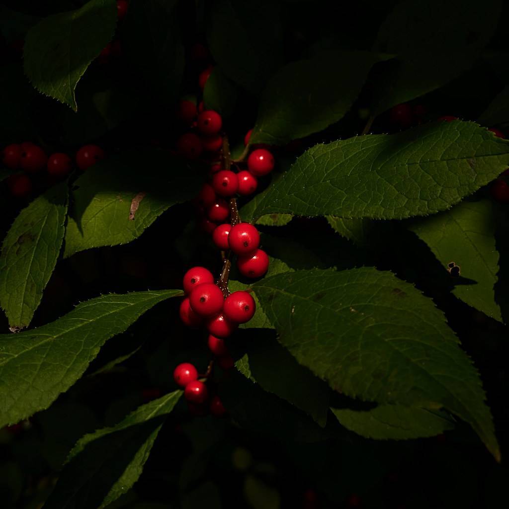 clusters of small, glossy, red berries, brown stem, and green, serrated, elliptic leaves
